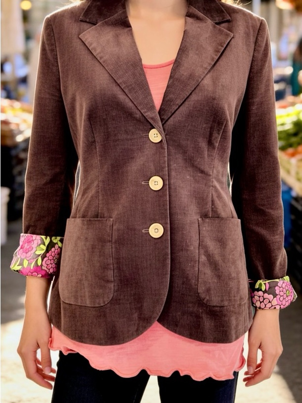 Lilly Pulitzer Brown Corduroy Blazer Floral Lined Size 6